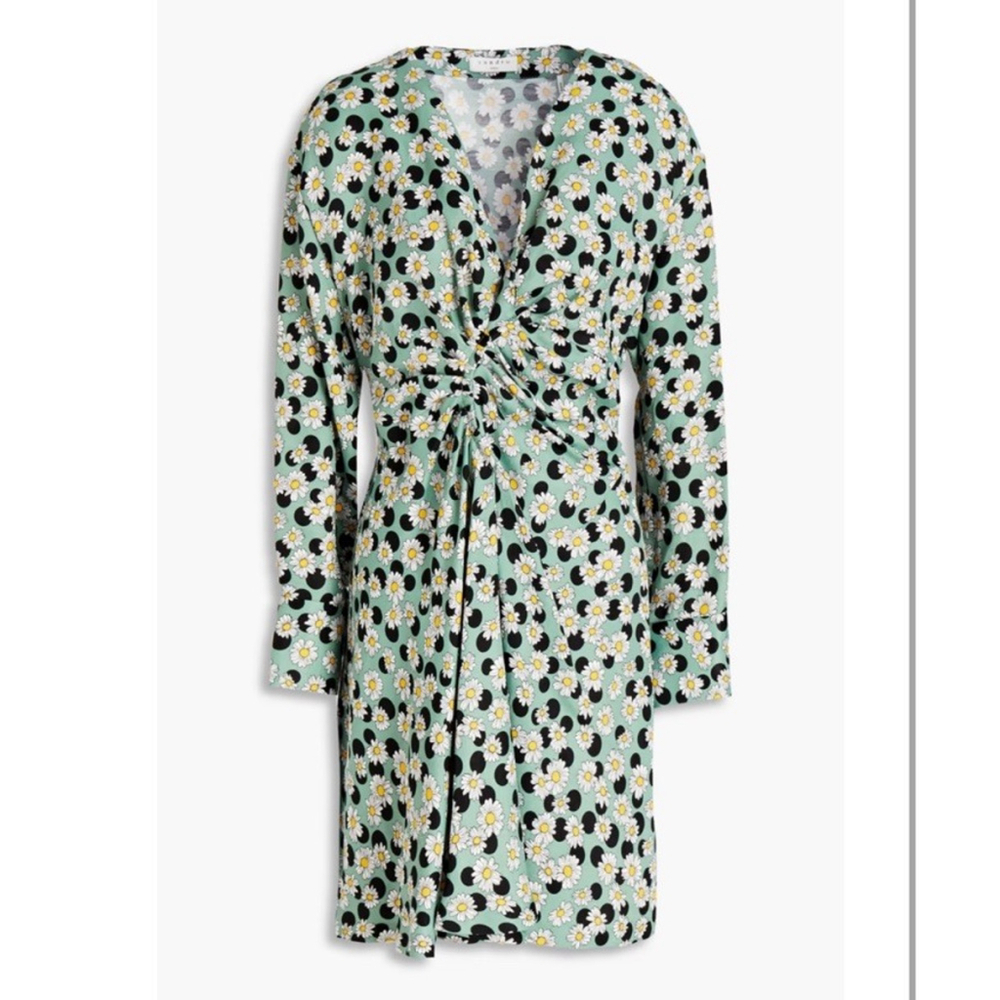 NWT Sandro Ruched Printed Linen-Blend Dress Size:40(US 8) Floral Polka Dot Green - Picture 3 of 11